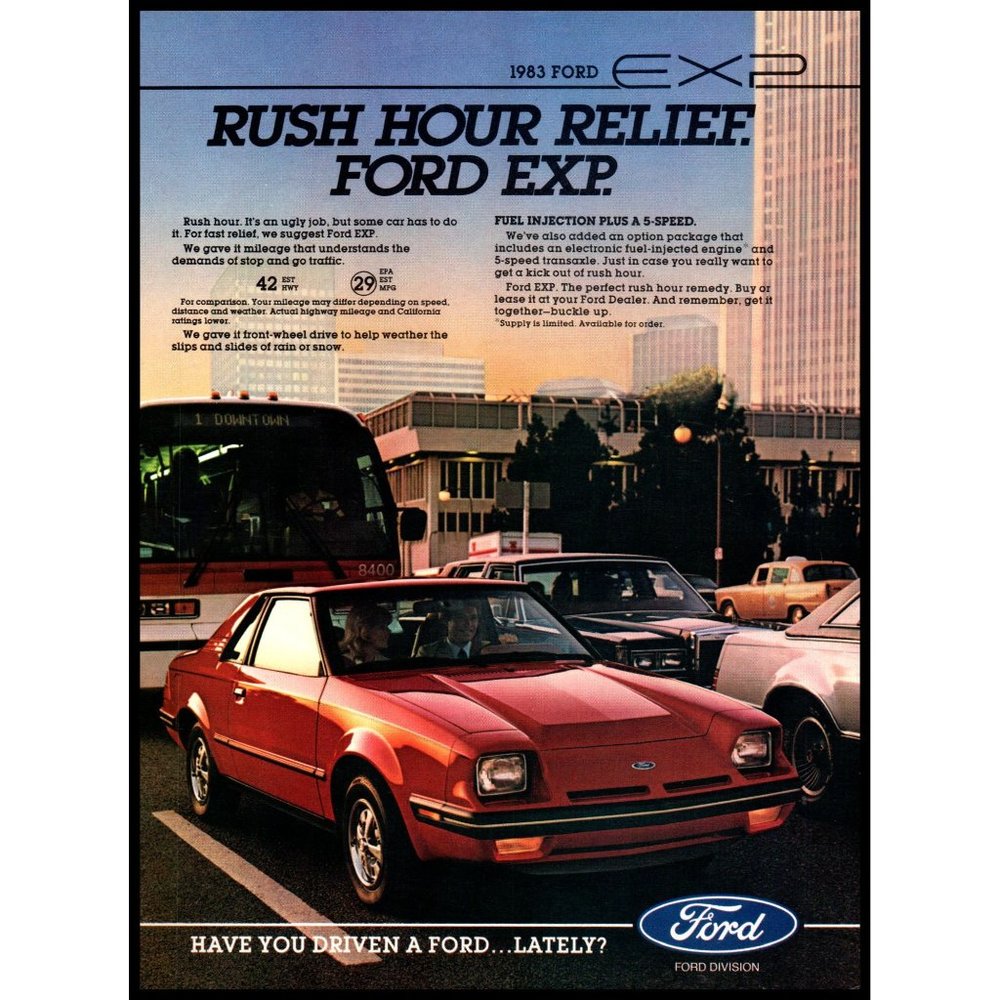 1983 Ford EXP Sports Car Coupe Vintage Print Ad Downtown City Traffic Wall Art